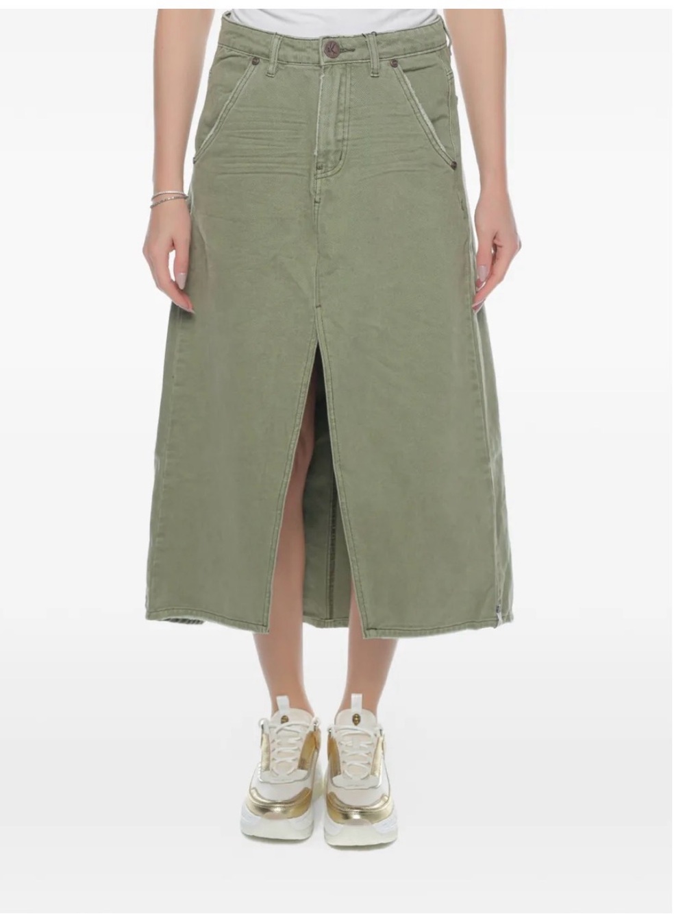 One Teaspoon
Mrs Carter denim Olive Green Midi Skirt with Front Slit